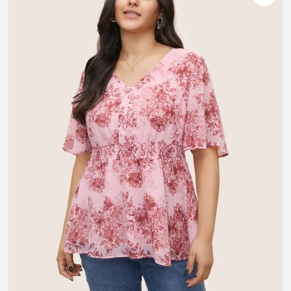 BloomChic Plus Size XL Chiffon Floral Shirred Elastic Waist Blouse us14-16